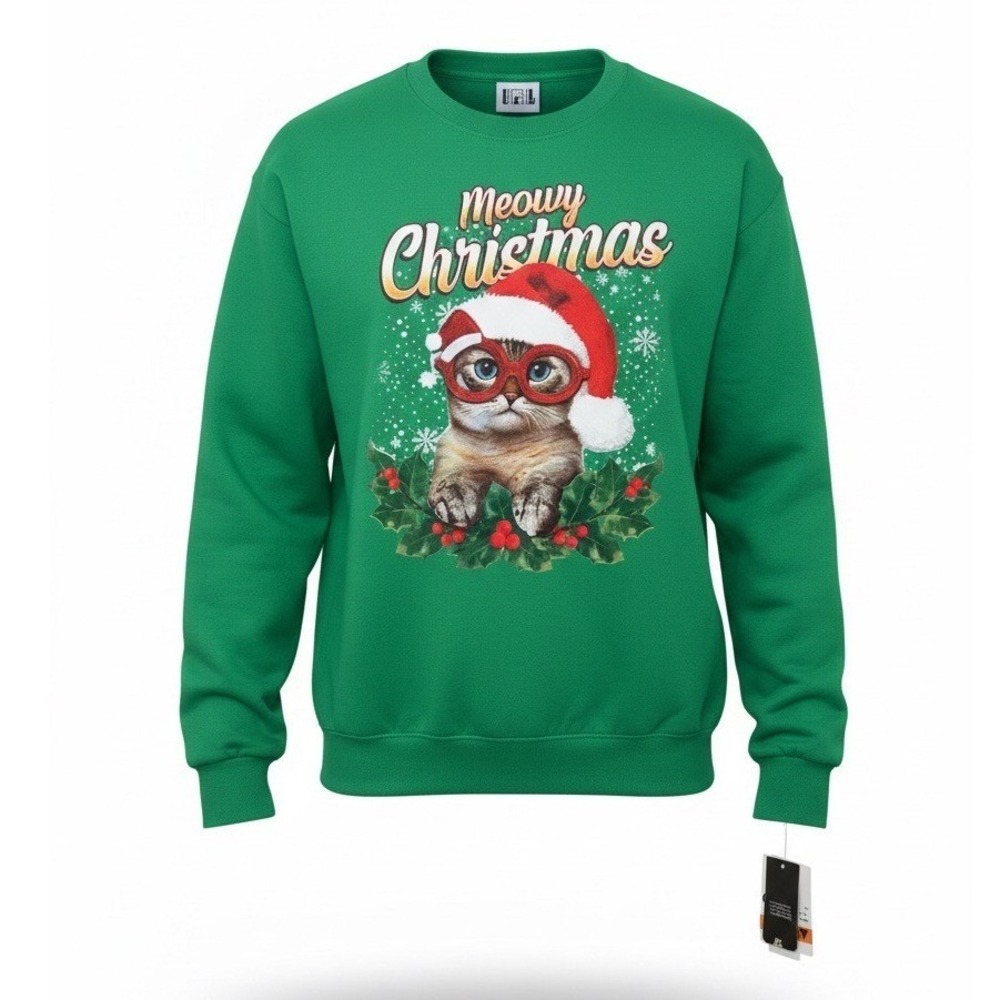 IML Mens Meowy Christmas Cat Green Crewneck Sweatshirt, Size XXL, NWT